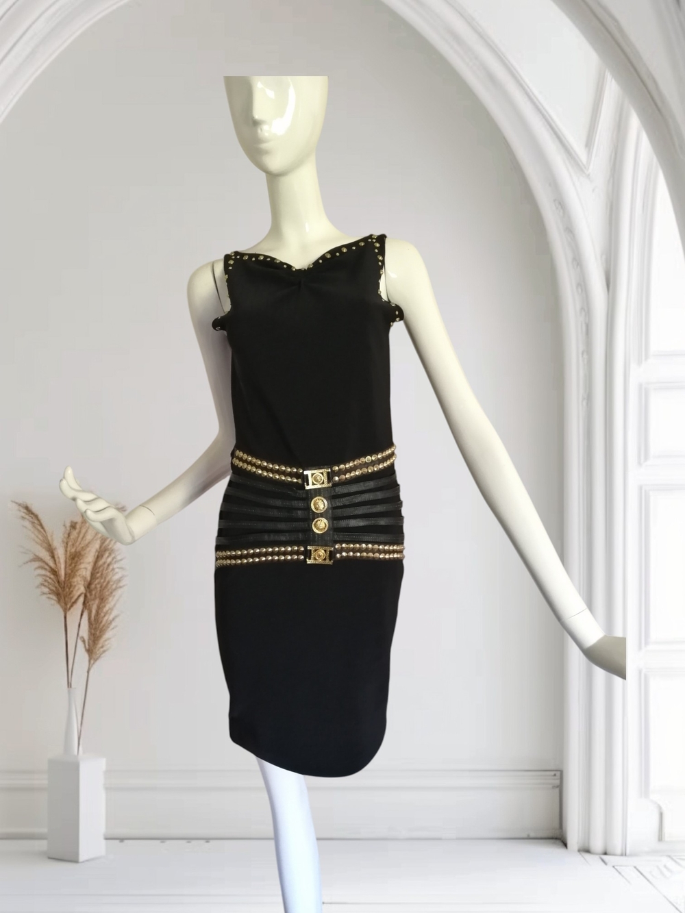 Black Mini Dress with Gold Chain & Stud Accents